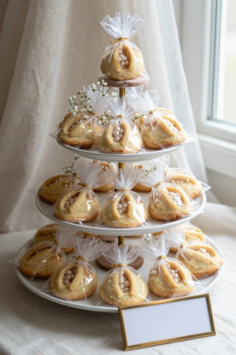 Three-tiered white stand displaying dozens of individually wrapped beige shell-shaped cookies topped with white pearl candies, decorated with white tulle ribbons and baby's breath sprigs, on a beige draped surface next to a blank gold-framed white sign.