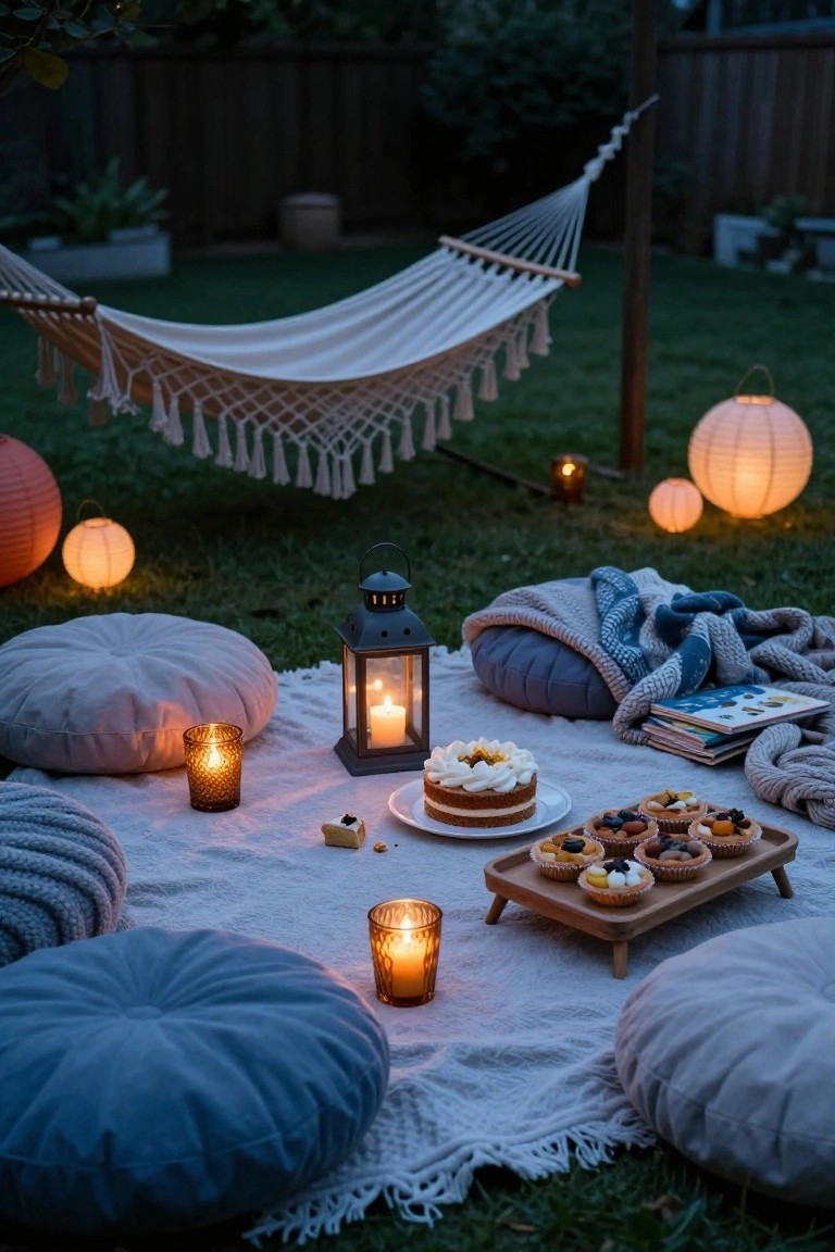 Dusk backyard picnic setup on white fringed blanket with gray and blue floor pillows, small white cake on plate, fruit tarts on wooden tray, candles in glass holders, metal lantern, blue blanket, books, orange paper lanterns hanging nearby, white hammock, potted plants, and green grass.