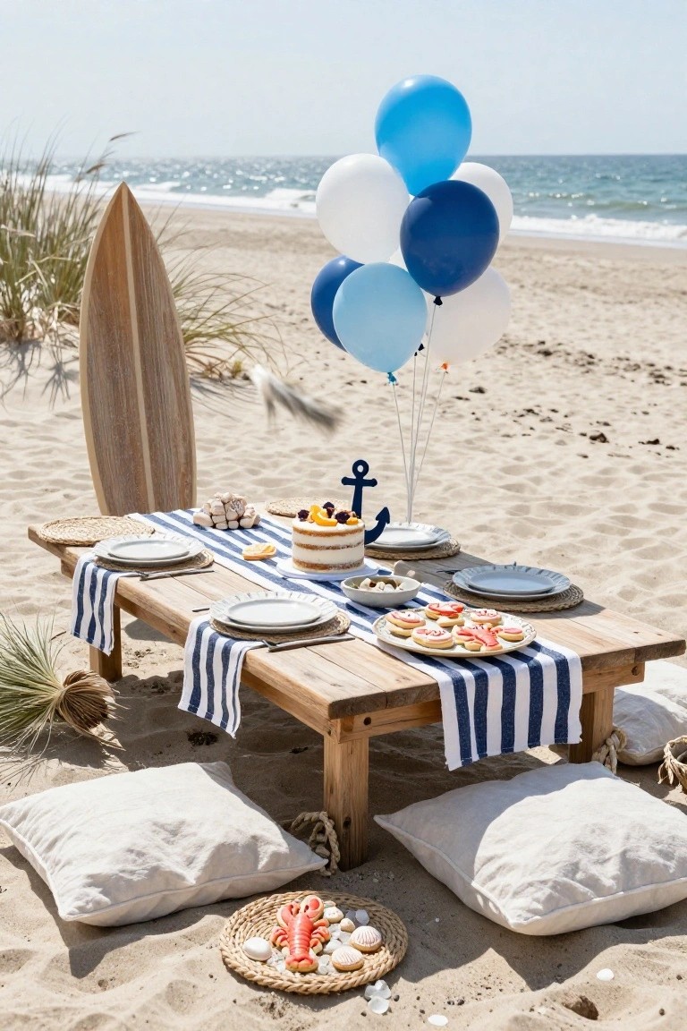 Outdoor picnic table on sand with blue and white striped runner, layered cake under cluster of blue and white balloons with anchor, plates of desserts, surfboard leaning nearby, and sea grass in background.