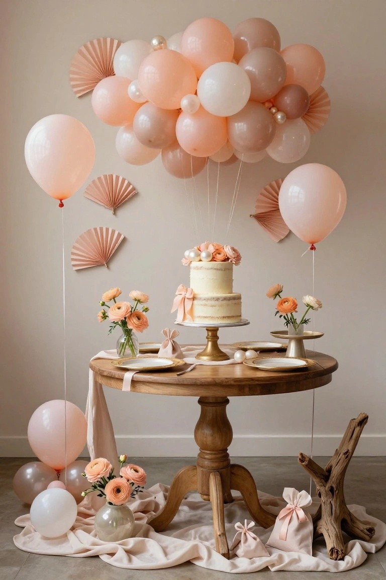 Round wooden table with two-tier white naked cake topped with orange ranunculus flowers, gold-rimmed plates, vases of flowers, linen runner, and favor bags, under suspended clusters of peach, pink, nude, and white balloons with pink fan decorations on beige wall and driftwood on floor.