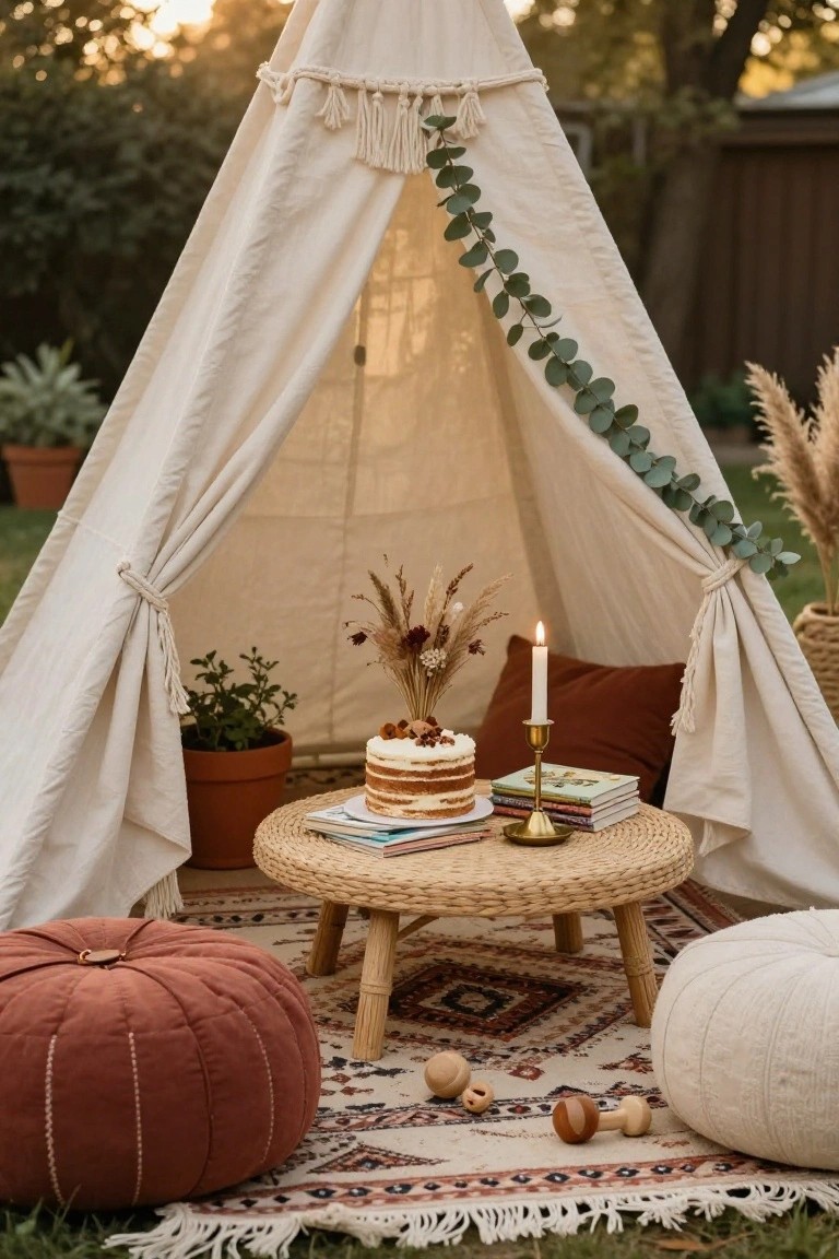 White teepee tent in a backyard at sunset with a low rattan table inside displaying a layered cake, children's books, and a brass candle holder, surrounded by terracotta and white poufs on a patterned rug, with potted plants, dried flowers, and eucalyptus garlands.