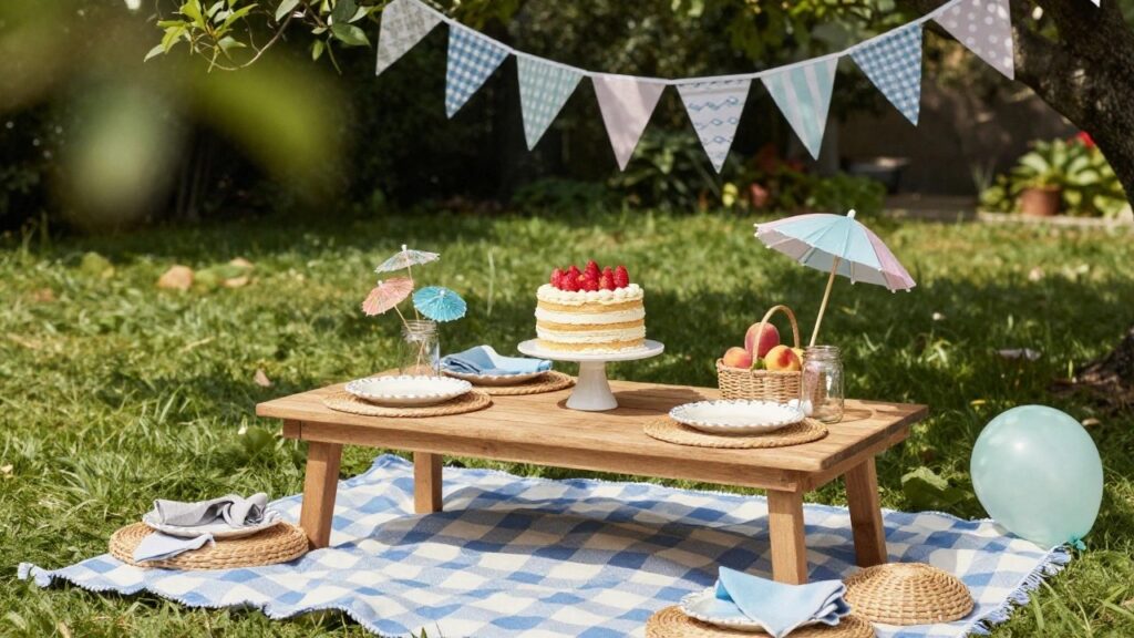 Outdoor low wooden picnic table on a blue gingham blanket in a grassy garden, featuring a multi-layer strawberry cake centerpiece, white plates, peach baskets, colorful balloons, and bunting overhead.
