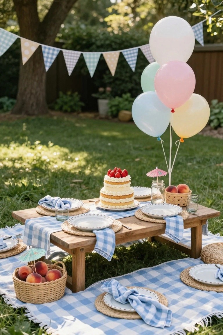 Outdoor low wooden picnic table on a blue gingham blanket in a grassy garden, featuring a multi-layer strawberry cake centerpiece, white plates, peach baskets, colorful balloons, and bunting overhead.