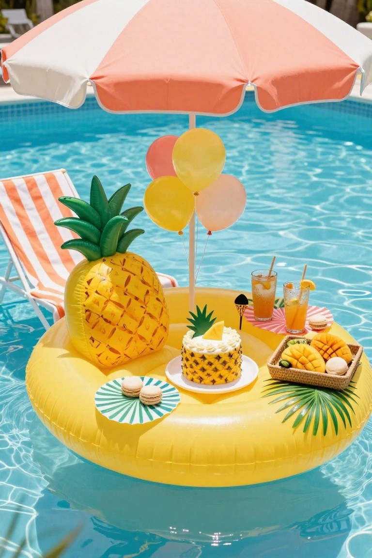 Yellow inflatable pineapple float in a blue pool displaying a small pineapple-patterned cake with white frosting, mango slices in a basket, macarons on plates, and glasses of orange drinks, next to an orange striped lounge chair, balloons, and a pink and white beach umbrella.