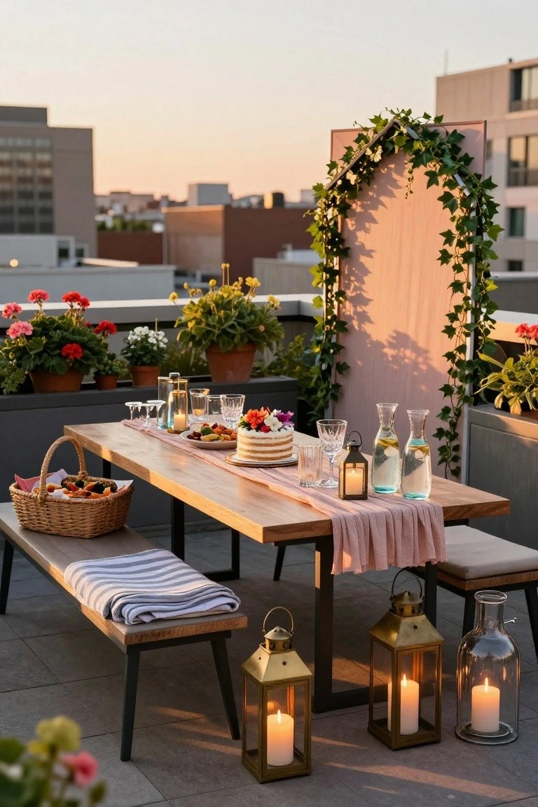 Rooftop terrace with long wooden dining table on benches, set with pink runner, layered cake, appetizers, glassware, blue water pitchers, lanterns, ivy-covered pink arch backdrop, potted plants, basket of peaches, and city buildings at sunset.