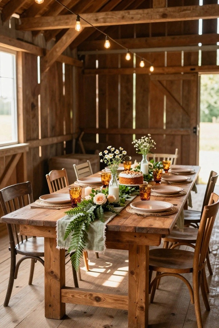 Long wooden farm table in a rustic barn set with white plates, amber glassware, a green fern runner, small cake, flowers, and string lights overhead.