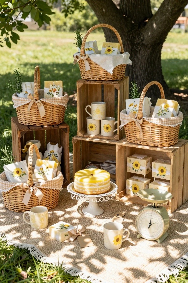 Outdoor display under a tree with stacked wooden crates and wicker baskets containing yellow sunflower soaps, ceramic mugs, napkins, a lemon cake on a stand, and picnic rug on grass.