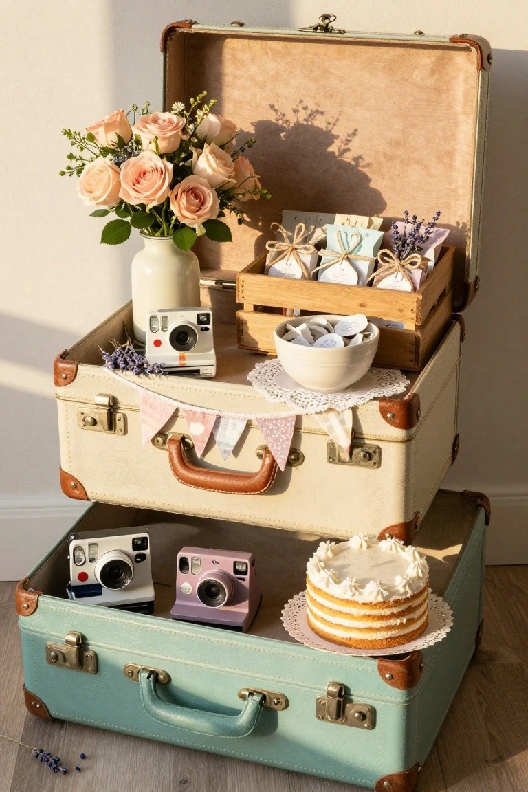 Three stacked vintage suitcases in cream, beige, and teal colors displaying open lids with pink roses in a vase, Instax cameras, lavender bundles, a wooden crate holding favors and a white bowl, pink bunting, and a small layered cake with white frosting on a doily atop the bottom suitcase on a wooden floor.