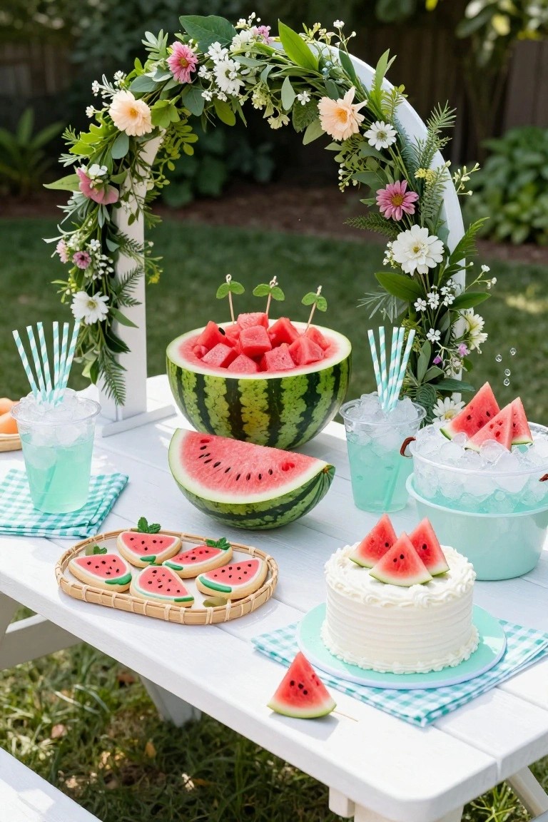 Outdoor white picnic table in a garden displaying a large carved watermelon bowl filled with chunks, halved watermelons, watermelon-shaped cookies on a bamboo tray, a white cake topped with watermelon slices, iced drinks in clear cups with striped straws, and a floral arch overhead.