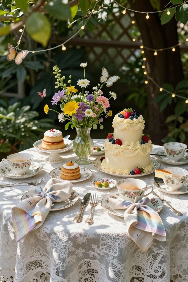 Outdoor garden table covered in white lace cloth set with a two-tier white cake topped with berries and blueberries, small cakes and cupcakes, vintage floral teacups and saucers, wildflower bouquet in glass vase, tied napkins, string lights, and butterflies in the background.