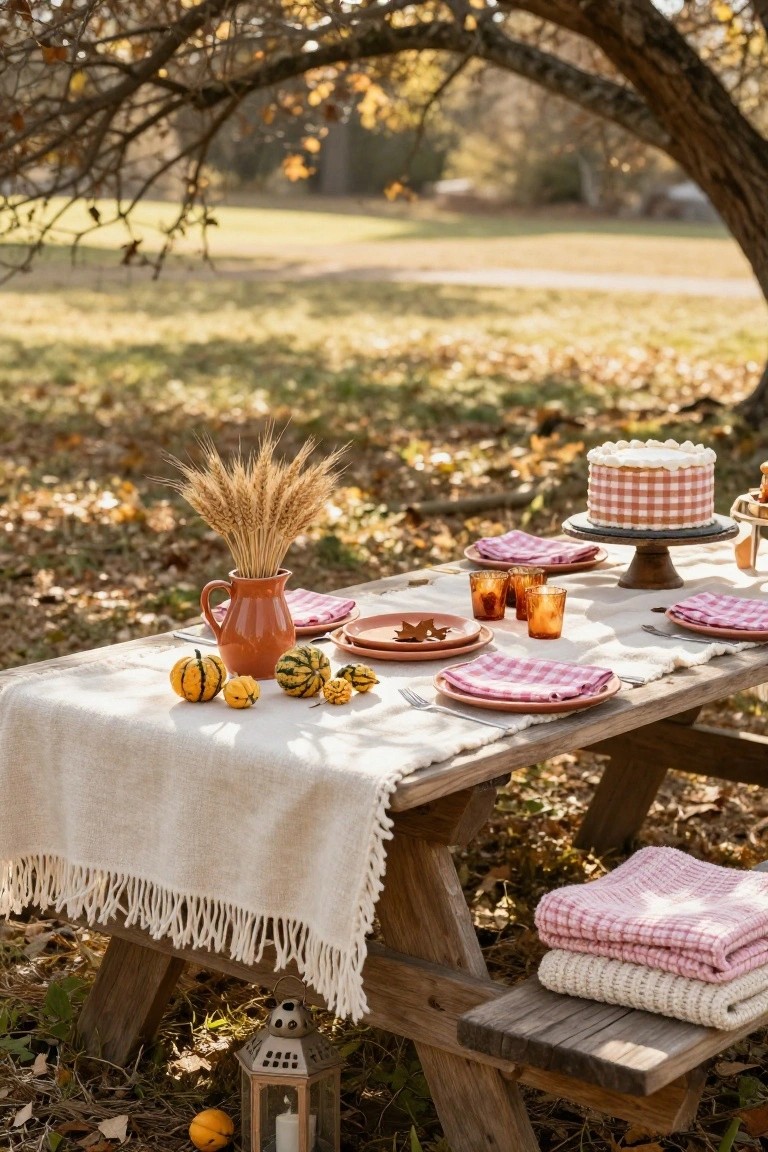 Rustic wooden picnic table outdoors under autumn trees, covered in white fringed linen tablecloth with small pumpkins, wheat sheaf in terracotta pitcher, pink checkered cake on wooden stand, pink checkered napkins and plates, orange glasses, and lantern nearby.