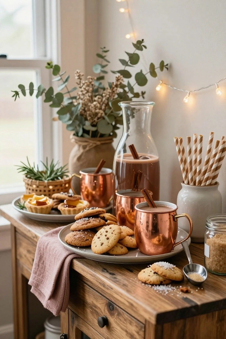 Wooden side table holding a glass jug of hot chocolate with cinnamon sticks, copper mugs of cocoa, plates of cookies and pastries, eucalyptus arrangements, striped straws, a sugar jar, and fairy lights in a softly lit room.