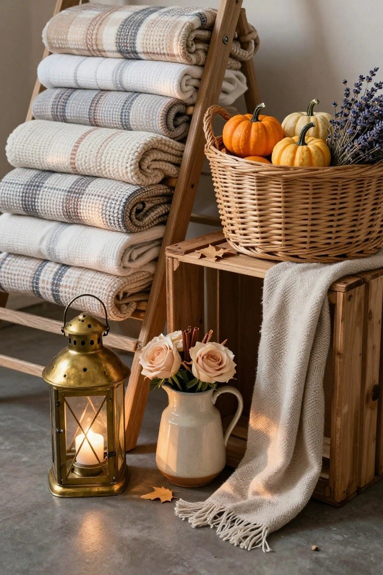 Wooden ladder stacked with multiple folded plaid and textured blankets in beige, gray, and white tones, beside a wicker basket of small orange and white pumpkins with lavender, a brass lantern with candle, wooden crate holding a vase of pink roses and draped scarf, fall leaves on concrete floor.