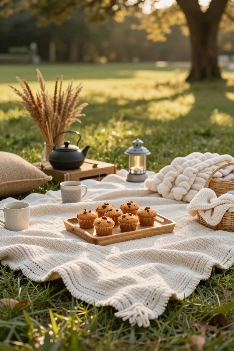 Picnic blanket on green grass in a fall garden with wooden tray of chocolate chip muffins, white mugs, black teapot, gray lantern, beige pillows, white knit throws, and wheat stalks nearby under trees.