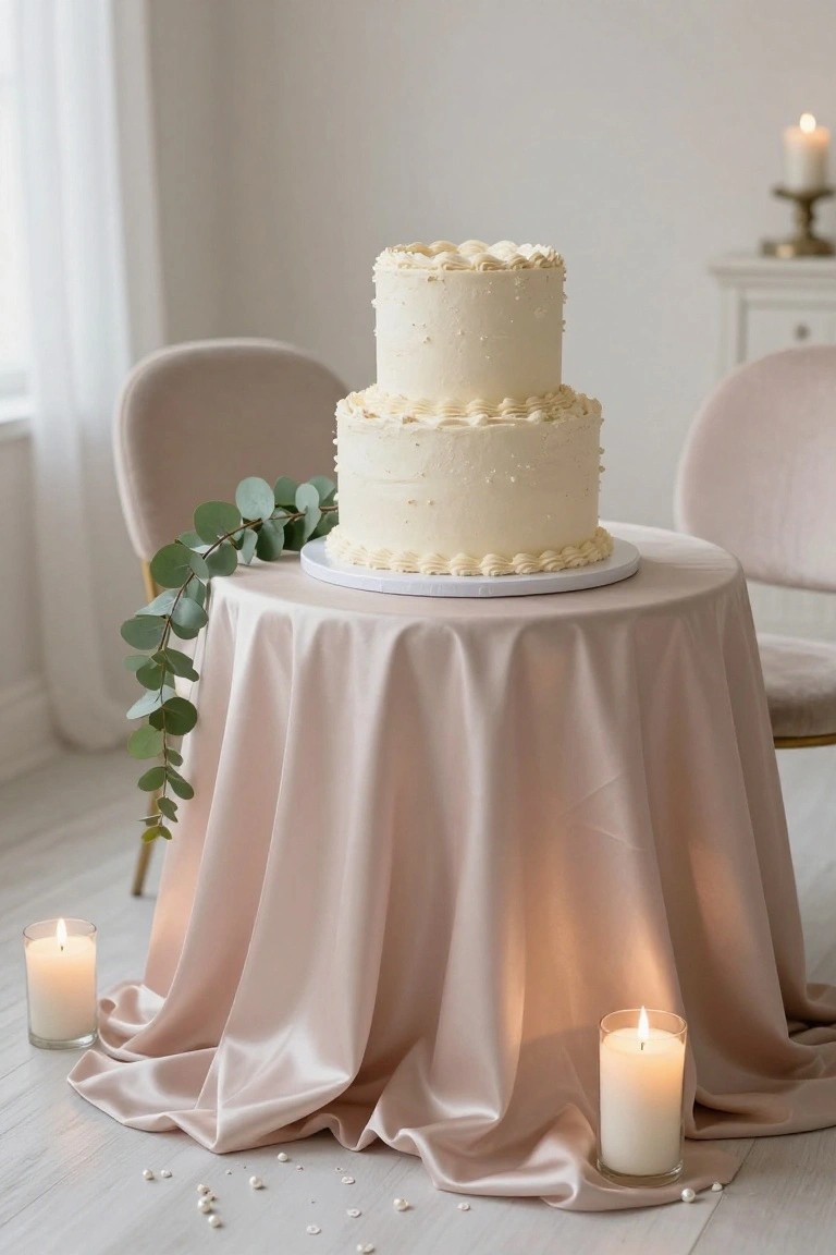A two-tier white buttercream cake on a round table covered in blush satin fabric, with eucalyptus garland draped from nearby velvet chairs, candles, and scattered pearls on the floor.