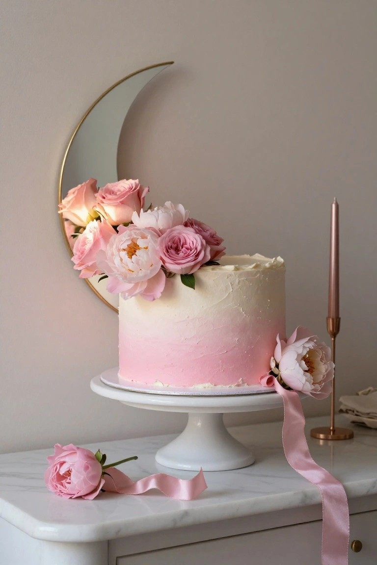 A three-tier cake with white to blush pink ombre buttercream frosting topped with pink roses and white peonies on a white cake stand in front of a gold crescent moon mirror, surrounded by more peonies, pink ribbon, and a pink candle on a white marble surface.