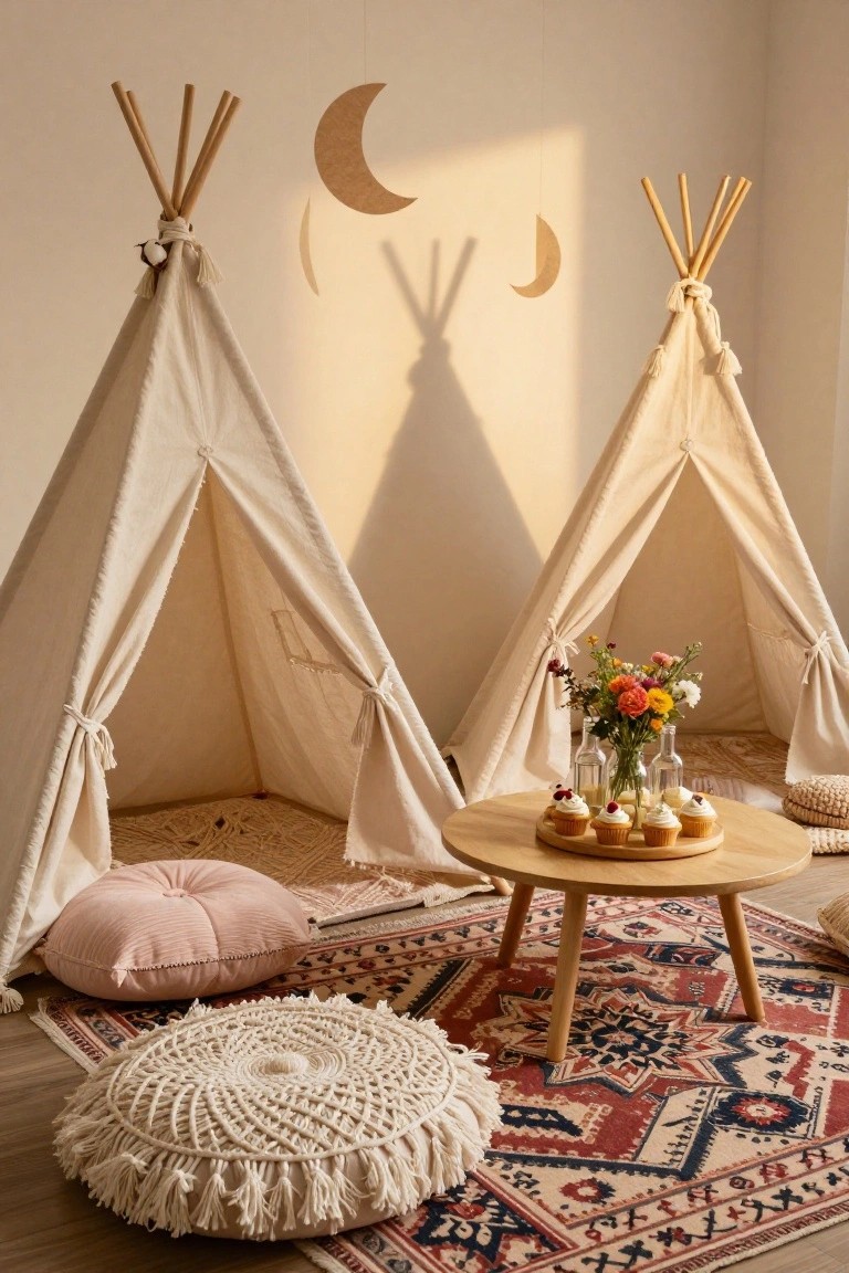 Two open white canvas tipis with bamboo poles and tassel details, surrounded by pink and white floor cushions and poufs on a patterned rug, with a low round wooden table holding cupcakes and a vase of flowers in a light beige room.