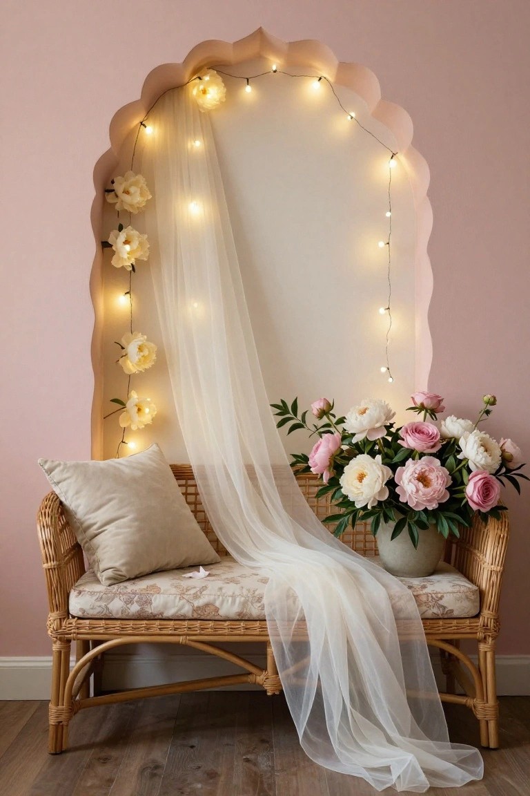 Pink room featuring a wicker loveseat with beige pillows under a white draped scalloped arch edged with fairy lights and artificial white peonies, with a vase of pink peonies and roses on the seat.