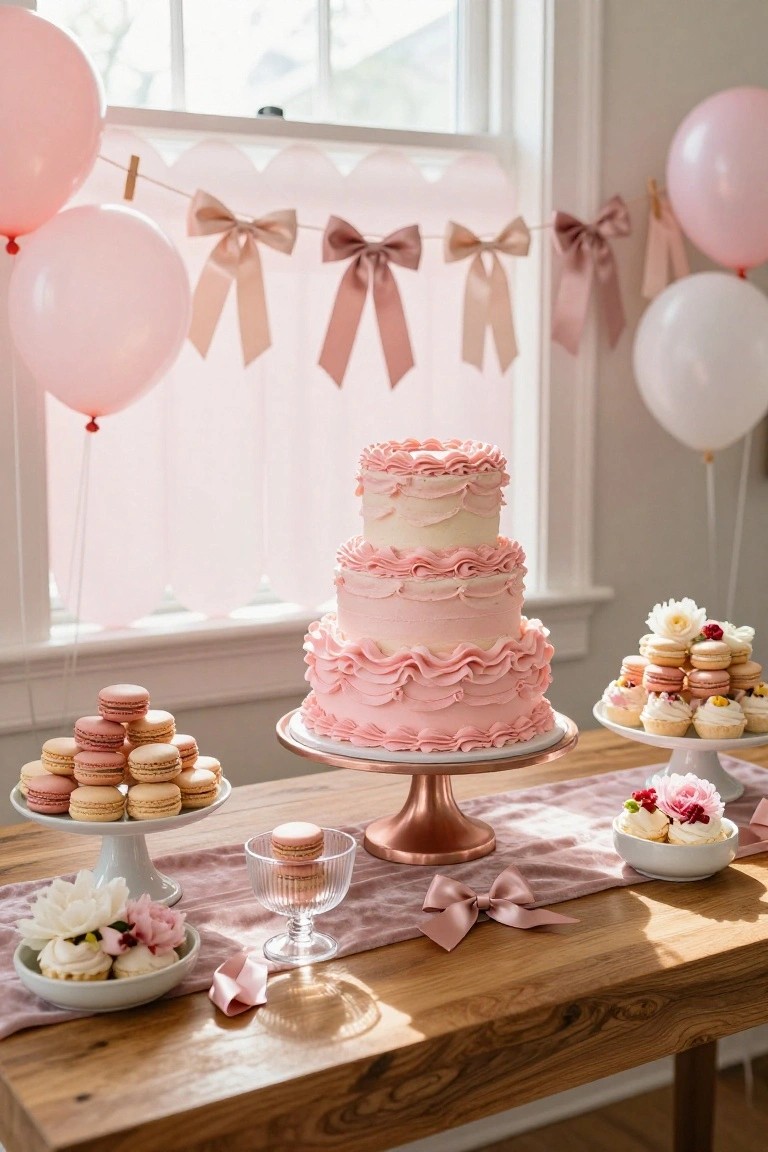 Wooden table with pink fabric runner holding a three-tier white and pink ruffled cake on copper stand, surrounded by platters of pink macarons, cupcakes, petit fours, and bowls of whipped cream desserts, pink balloons and ribbons in sunlit background.