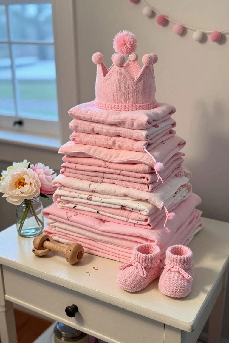 Tall stack of pink and white baby blankets and quilts topped with a pink knit crown on a white wooden table, with pink knit booties, wooden rattle, and peonies in a glass vase nearby.