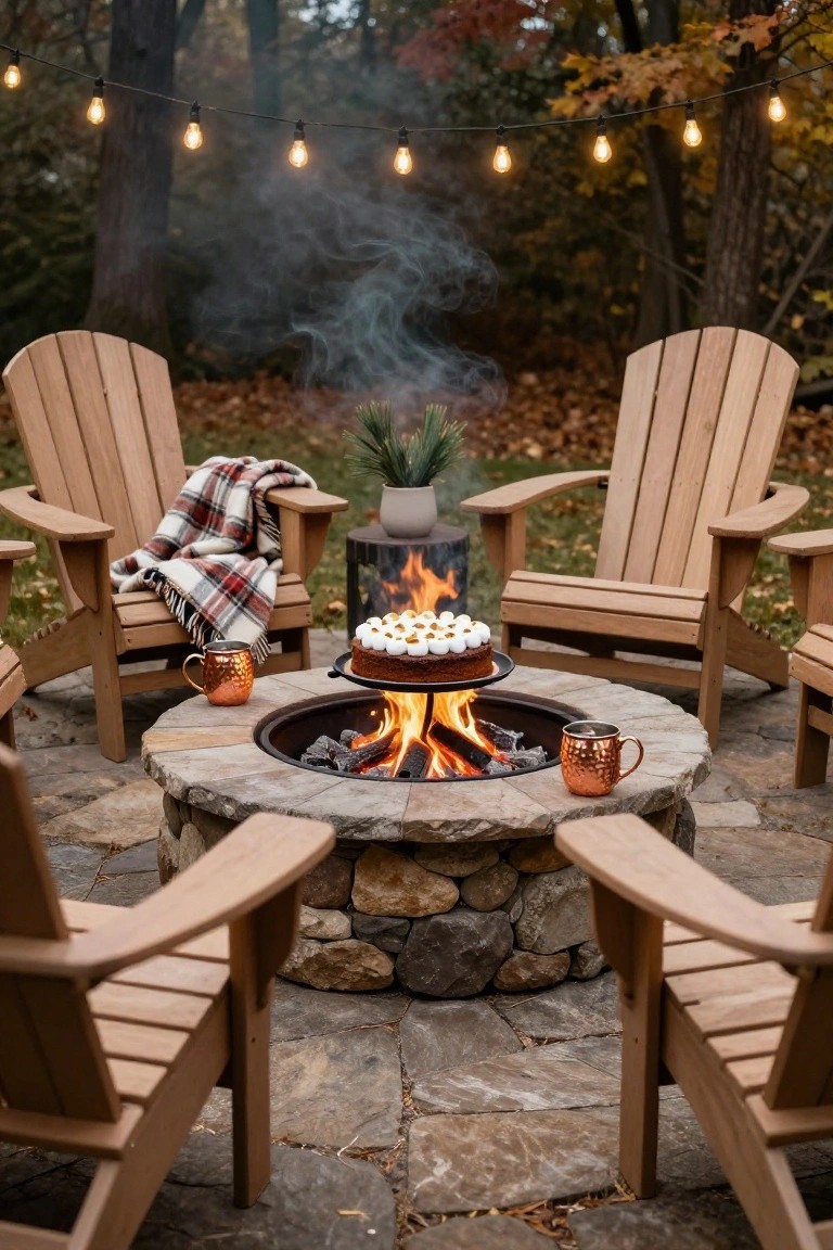 Stone fire pit on a backyard patio surrounded by four wooden Adirondack chairs with plaid blankets, copper mugs, a potted plant, string lights overhead, and a chocolate cake topped with toasted marshmallows on a stand in a wooded fall setting.