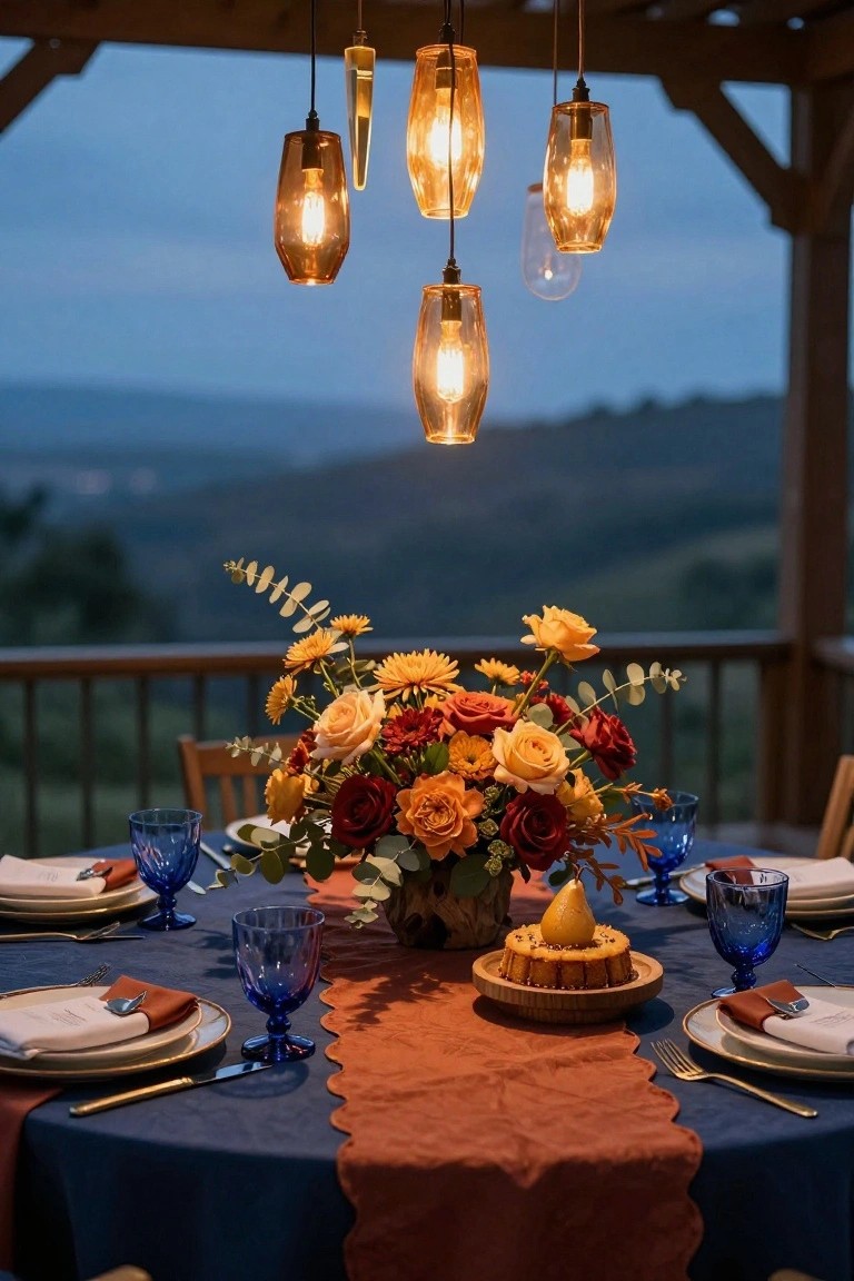 Outdoor dining table on a wooden deck at dusk with hanging amber pendant lights overhead, a navy tablecloth with orange runner, blue glassware, gold flatware, an orange flower centerpiece in a white vase, and a small pear tart on a wooden board, with hills visible in the background.