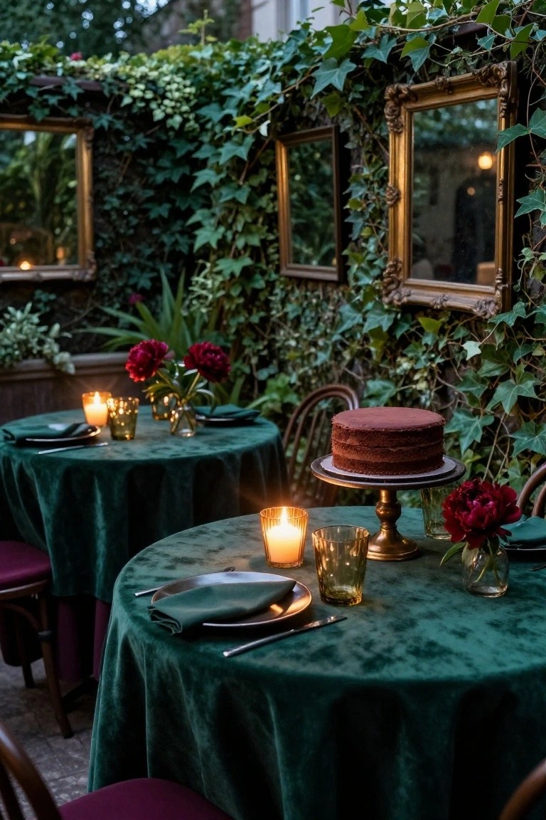 Outdoor garden patio enclosed by ivy-covered walls and antique gilded mirrors, with two round emerald green velvet-covered tables set for dining including candles in glass holders, green napkins, gold-rimmed glassware, plates, red peonies in vases, and a tall red velvet layer cake on a gold pedestal stand.