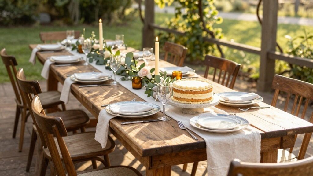 Long wooden table set for outdoor dinner under vine-covered pergola at golden hour, with white layered cake on stand as centerpiece, candles, blue and white plates, eucalyptus greenery, and wooden chairs.