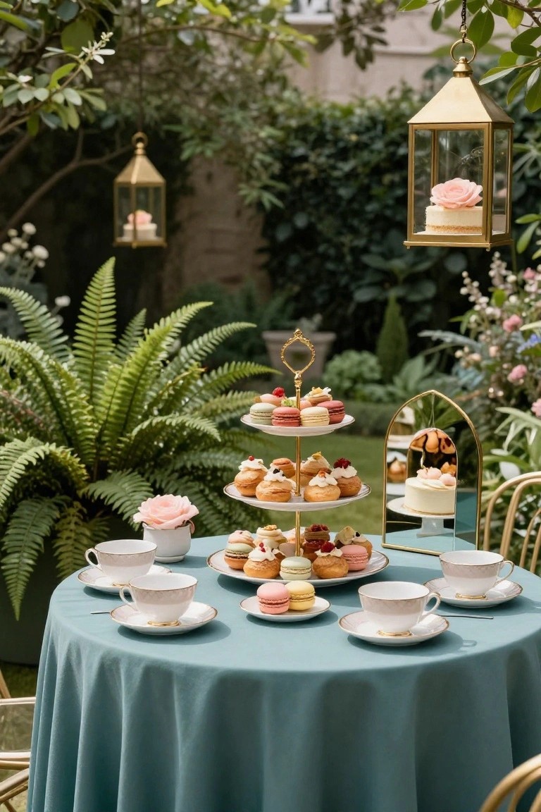 Round turquoise table in a lush garden with a three-tiered stand of colorful pastries and desserts, white teacups and saucers, ferns, gold lanterns with mini cakes, and decorative mirrors.