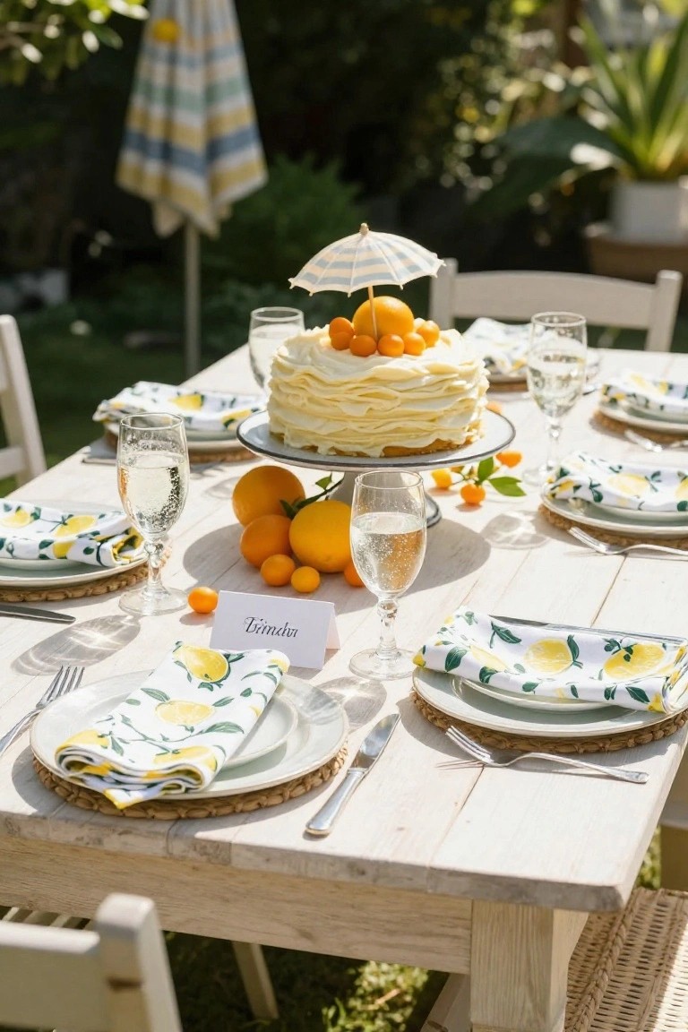 Outdoor white wooden table set for a party featuring a tall layered white cake topped with oranges under a small striped mini umbrella on a stand, surrounded by lemon-patterned napkins and placemats, champagne glasses, place cards, and garden chairs with plants in the background.