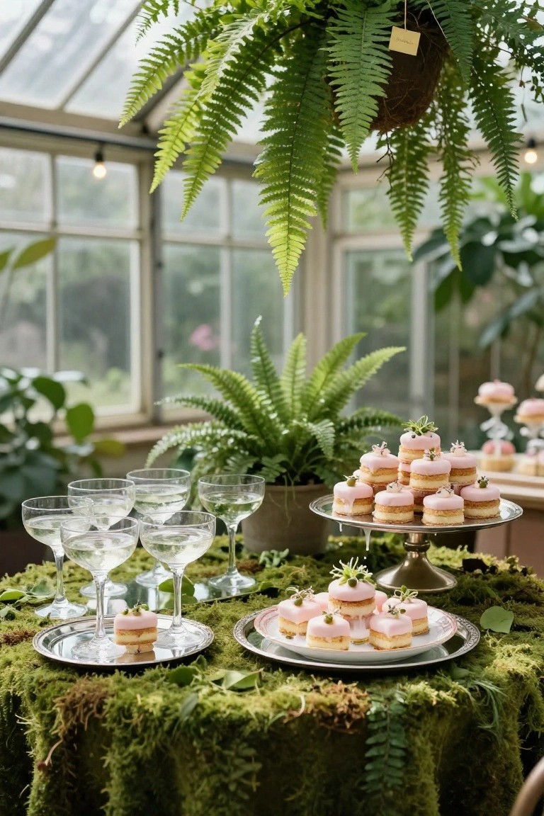 A wooden table in a greenhouse covered with green moss, topped with silver trays of pink iced petit fours and macarons, champagne glasses, and a tiered stand of similar desserts, surrounded by potted ferns and hanging greenery.
