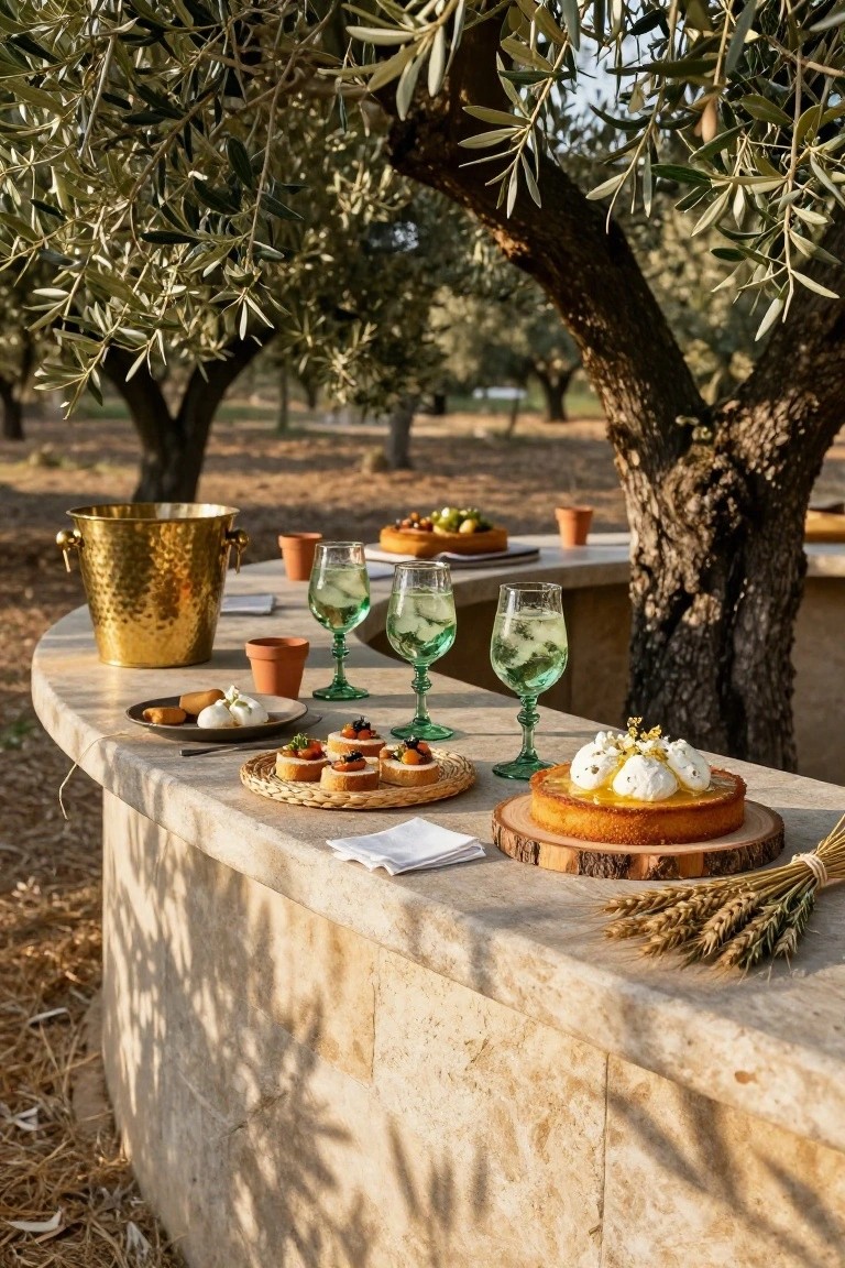 Curved stone countertop outdoors under olive trees, holding a gold ice bucket, green-tinted cocktail glasses, small plates of appetizers and pastries, and a lemon tart on a wooden board with wheat stalks nearby.