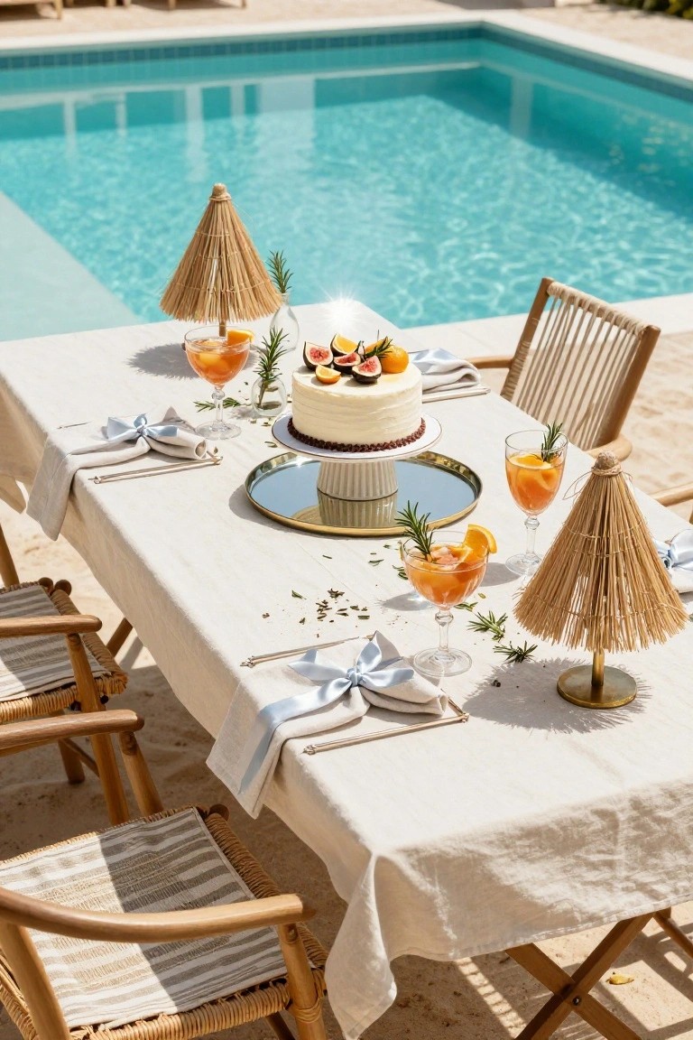 Poolside dining table with white tiered cake on a round mirror, orange rosemary cocktails garnished with fruit slices, mini thatched triangle umbrellas, linen napkins tied with blue ribbons, rattan chairs, and pool in background.