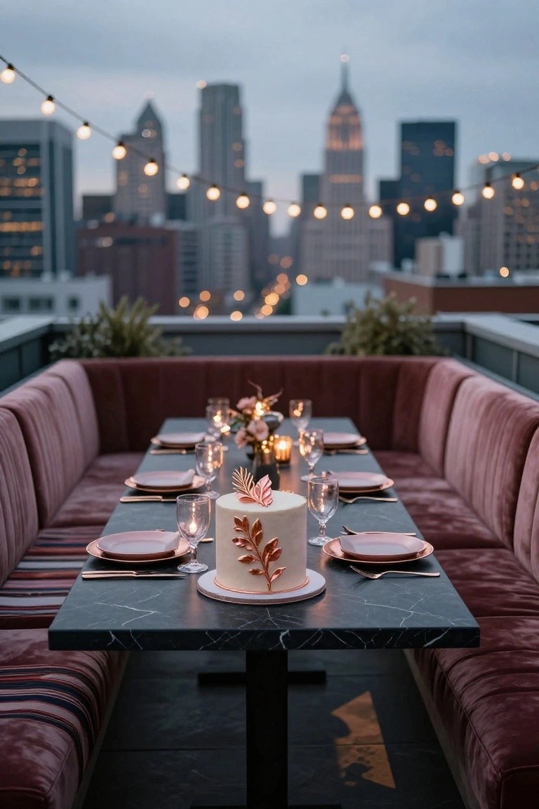 Long black marble table on a rooftop decked with pink plates, gold utensils, glasses, candles, and a white cake topped with gold leaves, flanked by deep pink velvet banquettes, string lights overhead, and blurred city skyline at dusk.