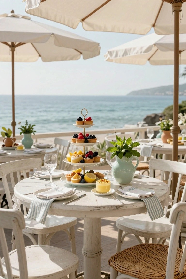 Outdoor round white table with a three-tiered gold stand holding colorful tarts, pastries, fruits, and desserts, wine glasses, napkins, plants, white umbrellas, and ocean view in the background.