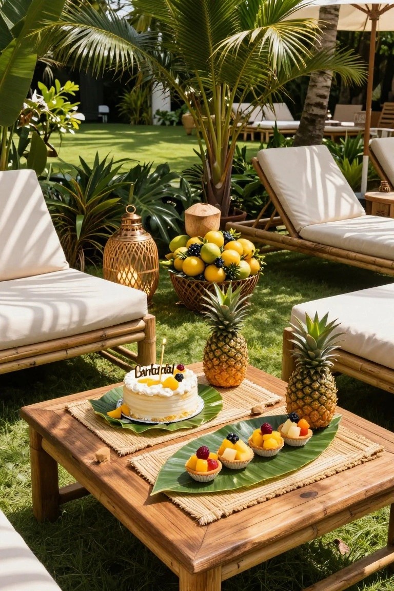 Low wooden table outdoors in a tropical garden holding a white birthday cake labeled 