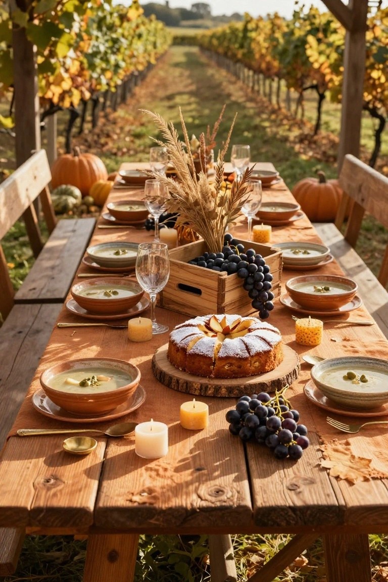 Long rustic wooden table set outdoors in a vineyard with rows of vines in the background, featuring bowls of green soup, a cake topped with apple slices on a wooden board, grapes in a wooden crate centerpiece, wheat stalks, pumpkins, candles, and gold flatware.