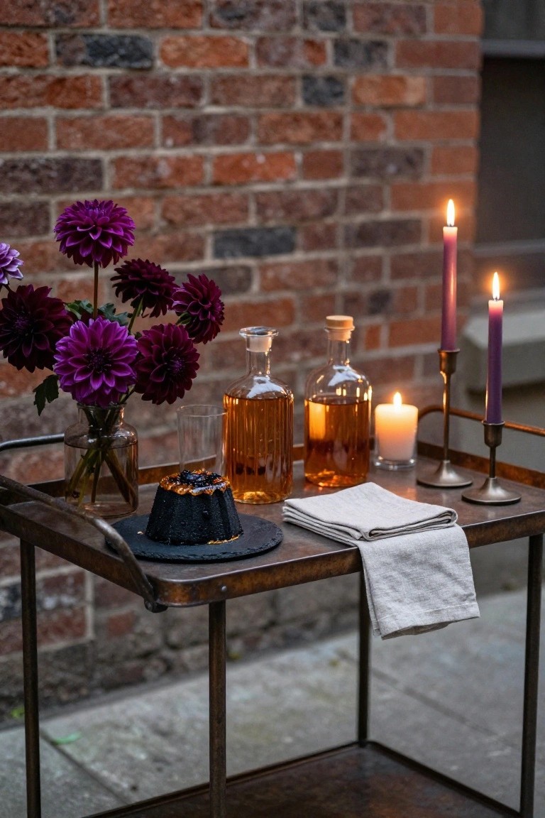Rustic metal serving trolley outdoors against a brick wall, holding two glass whiskey bottles, a small black cake on slate, purple dahlia flowers in a glass vase, candles in holders, a linen napkin, and a empty glass.
