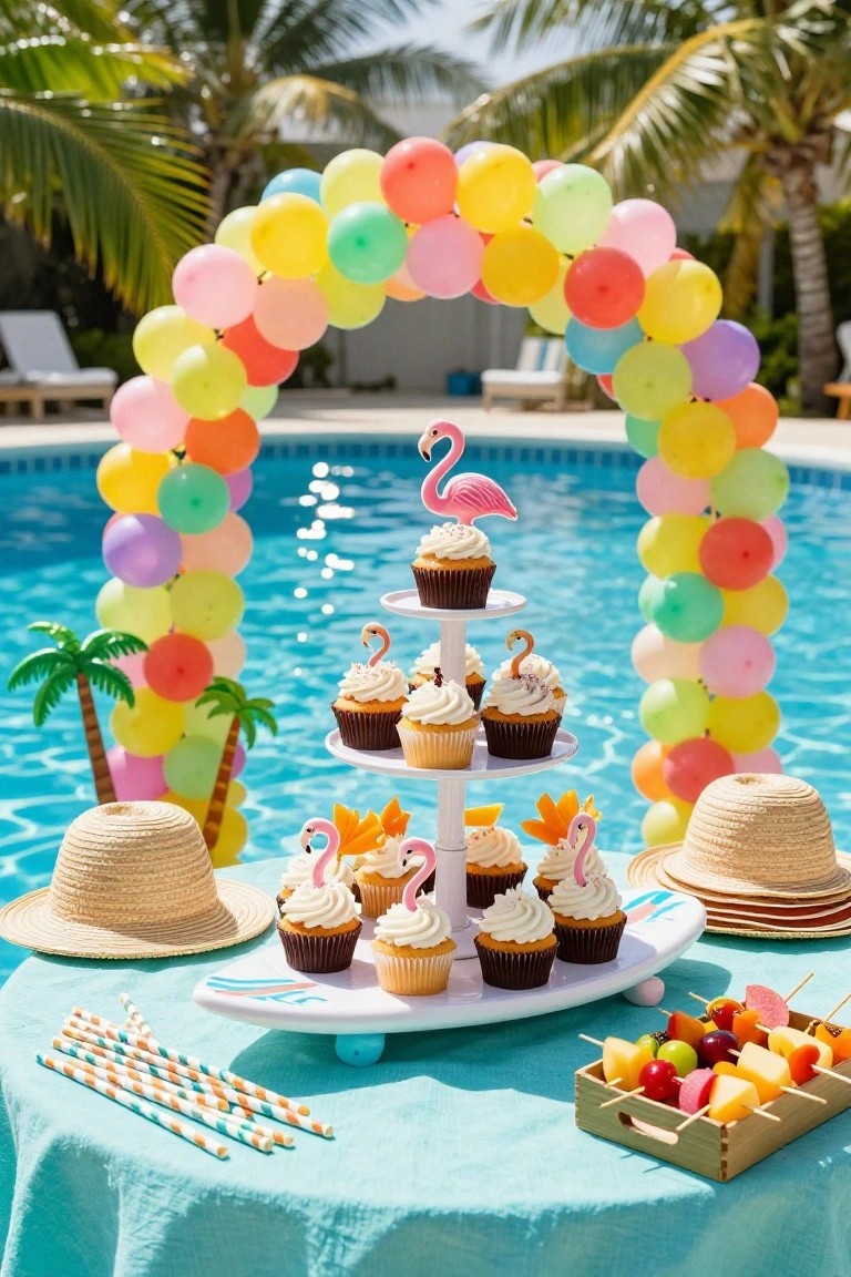 Colorful balloon arch beside a swimming pool frames a turquoise-clothed table holding a three-tier white cupcake stand with flamingo-topped cupcakes, straw hats, striped straws, and a wooden crate of fruit skewers on skewers.