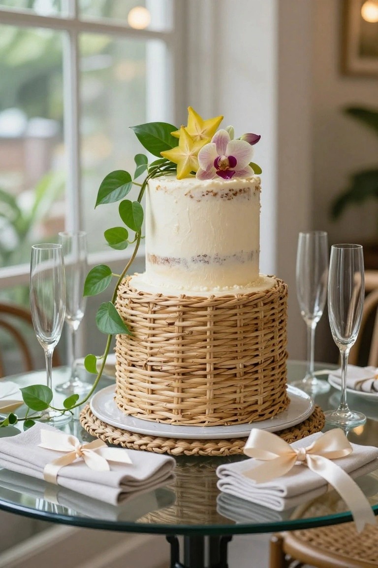 A two-tier white-frosted cake topped with starfruit, orchids, and green vines sits on a woven rattan basket base on a glass table with champagne flutes, folded napkins tied with ribbons, and potted plants nearby in a sunlit room.