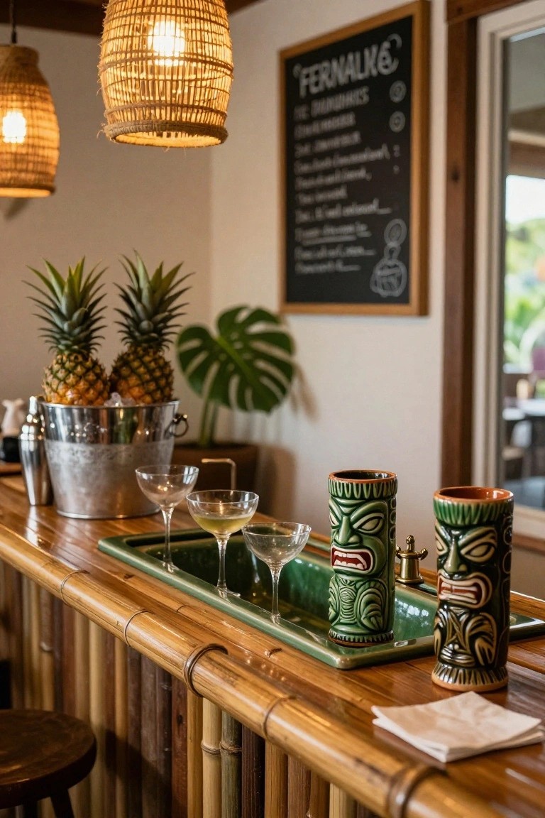 Bamboo bar counter holding two green tiki mugs, cocktail glasses with pale drinks on a green tray, pineapples in a silver ice bucket, and tropical plants against a menu board.