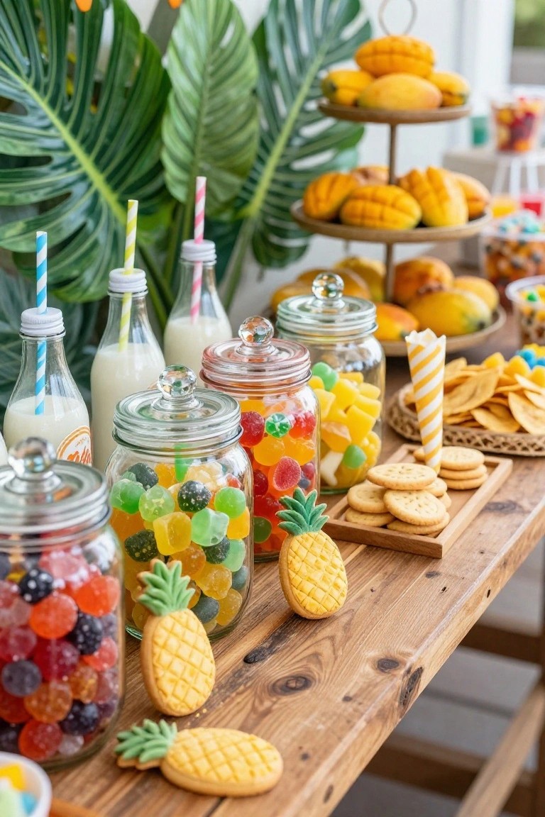Wooden table displaying glass jars filled with colorful gummy candies, fresh mangos on tiers, milk bottles with striped straws, pineapple-shaped cookies, plantain chips, and large tropical leaves in the background.