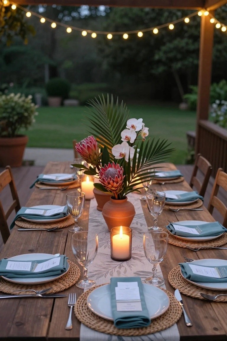 Outdoor long wooden dining table with tropical centerpiece of pink protea flowers, white orchids, and palm fronds in a terracotta pot, teal napkins on woven placemats, wine glasses, candles, and string lights overhead.