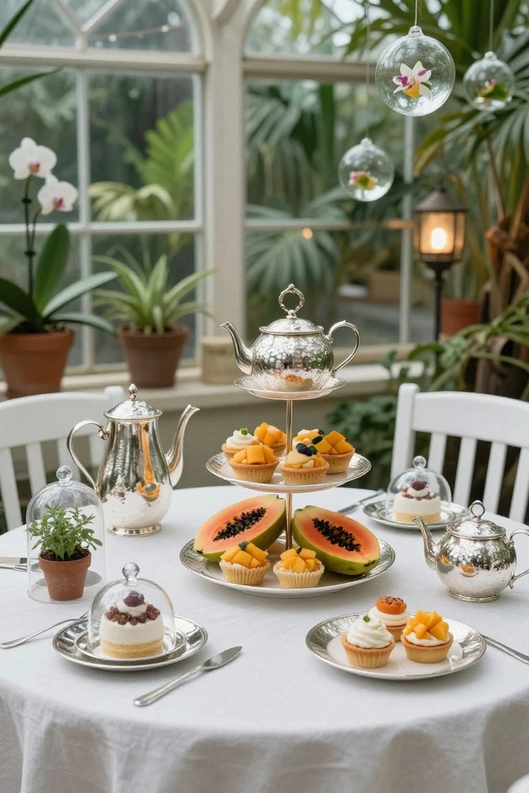 Round white-linen table in a greenhouse conservatory set with silver teapots, tiered stands of mango tarts cupcakes and papaya slices, individual cakes under glass domes, orchids in pots, and hanging glass orbs with flowers.