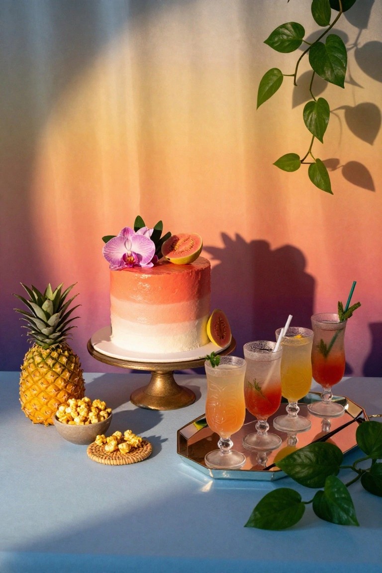 A pink-to-white ombre cake topped with orchid flower and passionfruit slices on a gold stand, next to pineapples, popcorn bowls, and a silver tray holding four colorful cocktails with straws and mint, on a blue table with green plants and a sunset gradient backdrop.
