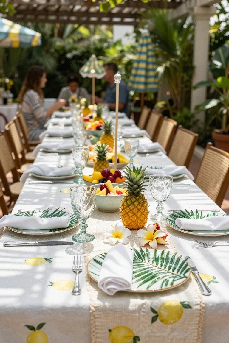Long outdoor banquet table set with white linens printed with lemons, multiple whole pineapples as centerpieces, fruit bowls, tropical flowers, rattan chairs, and people seated in the background under a pergola with plants and umbrellas.