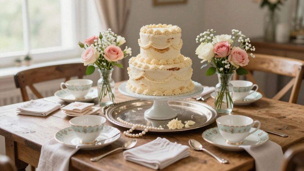 A wooden dining table set for tea with a two-tier white frosted cake on a white pedestal at center, lace runner with draped pearl necklace, pastel green teacups and saucers, pink roses in a glass vase, and cloth napkins.