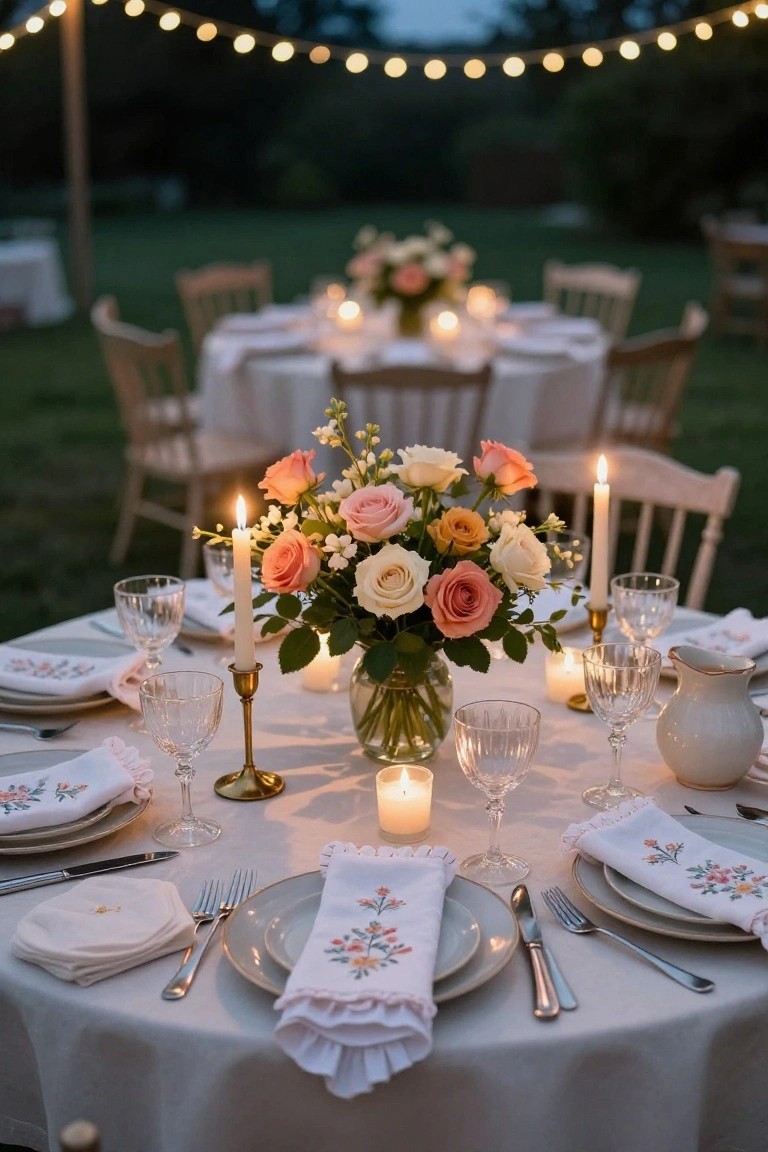 Close-up view of a round linen-draped outdoor table at dusk with a central glass vase of peach, pink, and white roses and baby's breath, surrounded by white taper candles, crystal glassware, vintage plates with embroidered napkins, silverware, and a white pitcher under string lights and garden chairs in the background.