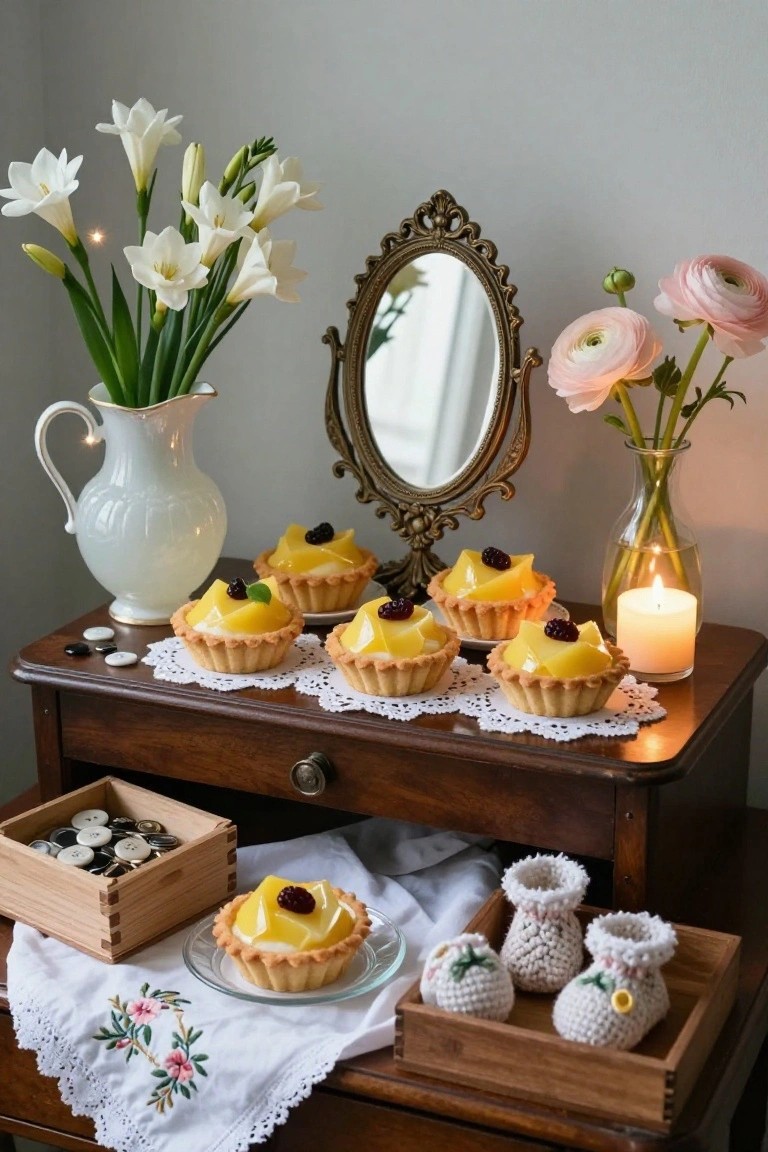 A wooden dresser styled as a dessert table with yellow lemon tarts topped with blackberries on lace doilies, surrounded by white lilies in a pitcher, pink peonies in a vase, a candle, buttons in a wooden box, and crocheted white baby booties in another wooden box, with an ornate gold mirror nearby.