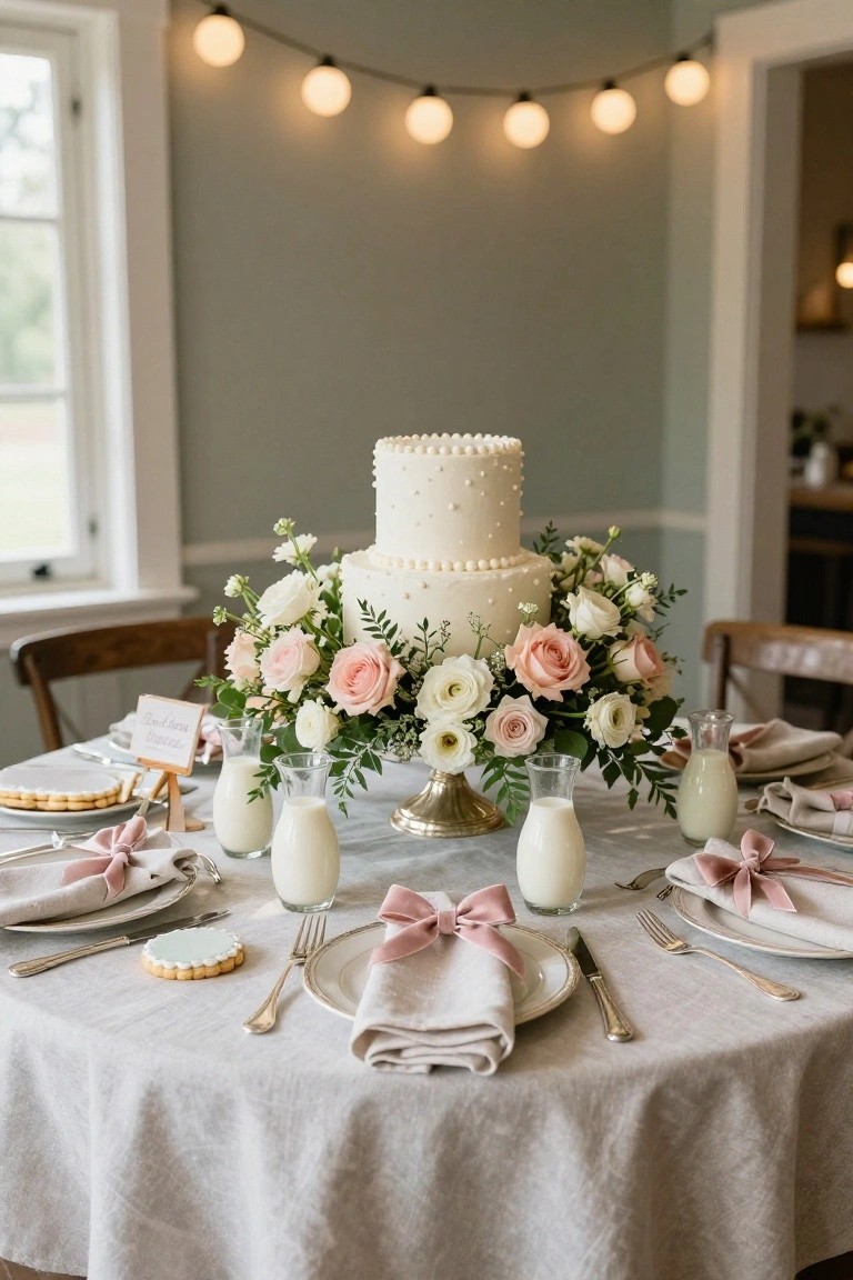 A round table covered in light gray linen, featuring a two-tiered white cake with pearl icing on a gold stand as centerpiece, surrounded by blush pink and white roses in a floral arrangement, glass milk bottles filled with milk, plates with cookies, silverware, and pink ribbon-tied napkins.